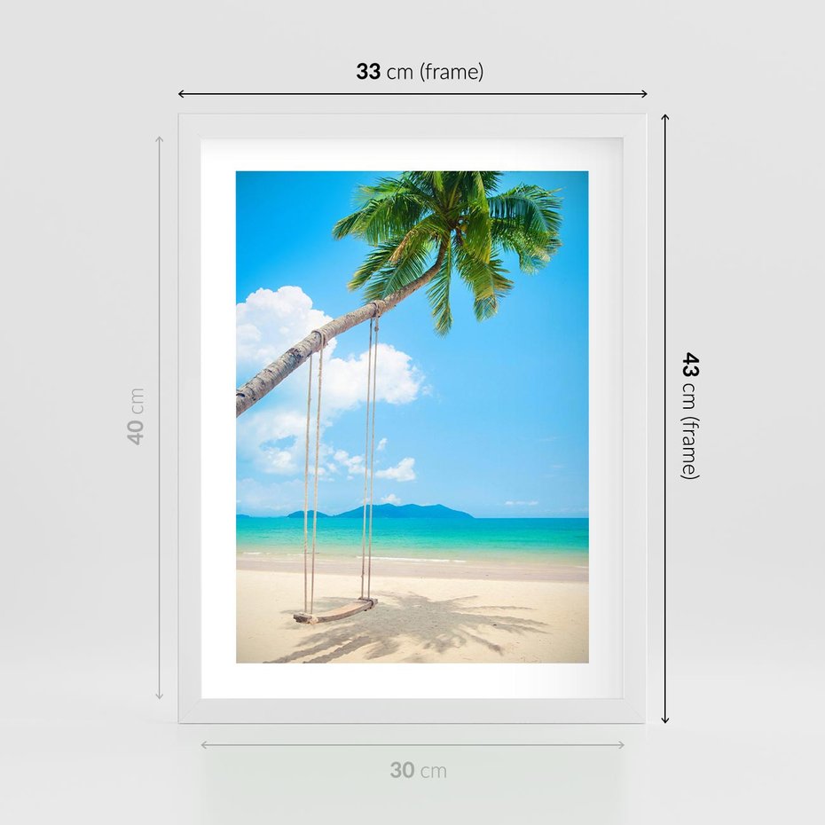 Plakat w ramie 30x40 - Hawajska palma i huśtawka na plaży - palma, huśtawka - rama biała