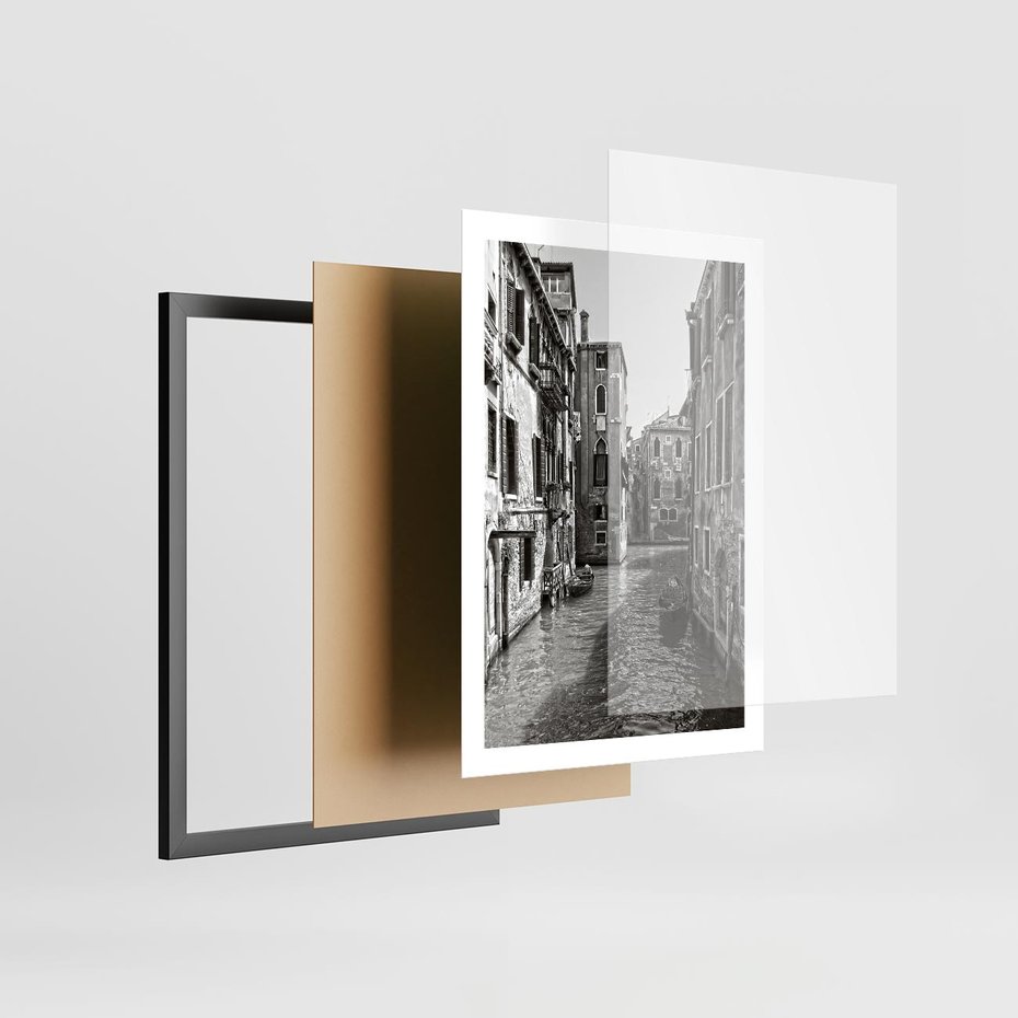 Plakat w ramie 50x70 - Weneckie Kanały - czarno białe zdjęcie, wenecja - rama czarna