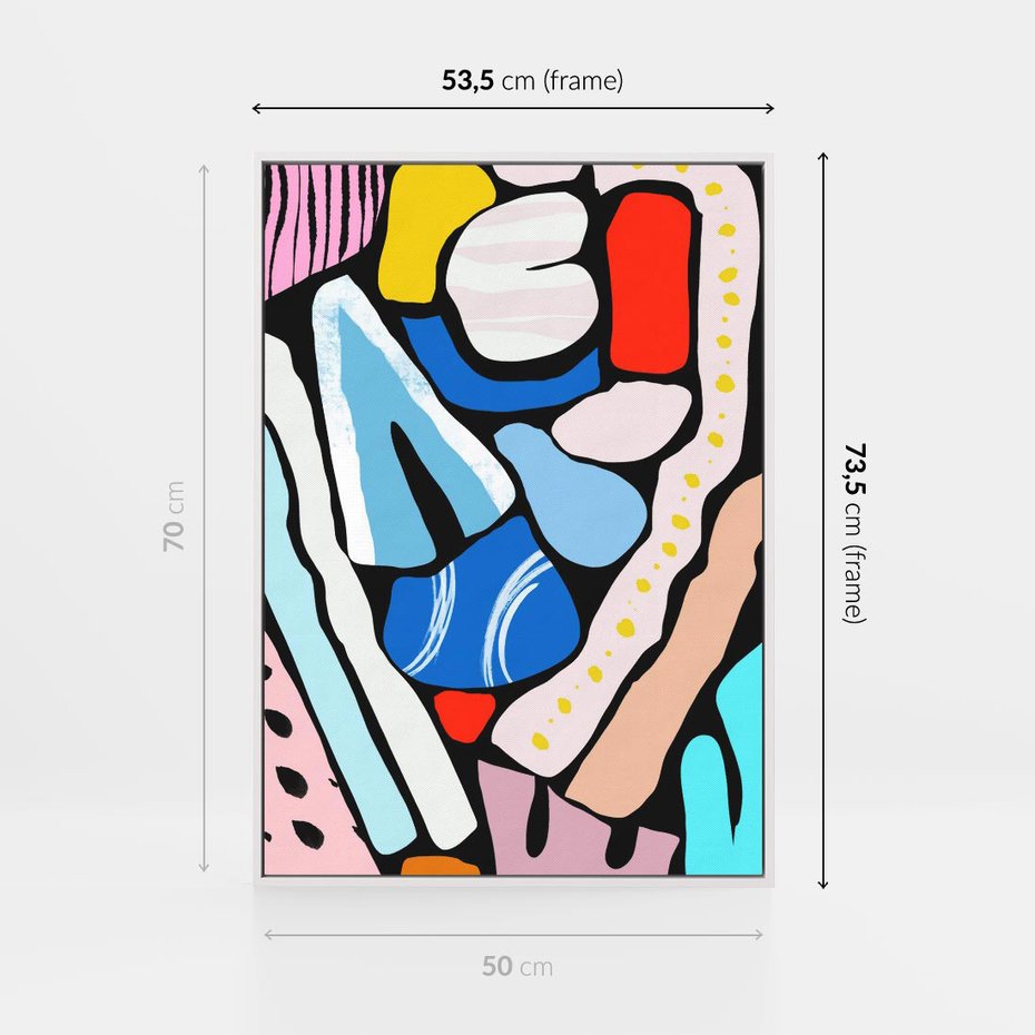 Obraz w ramie 50x70 - Kolory Na Czerni - abstrakcyjne formy, komiksowy styl - rama biała