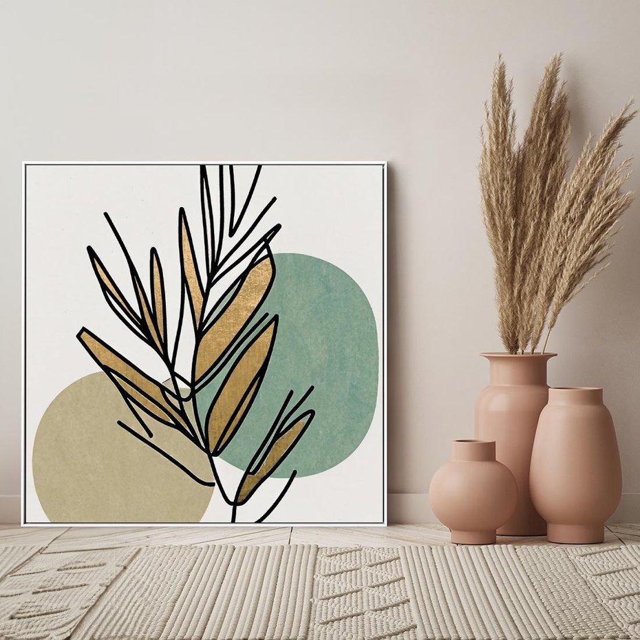 Obraz w ramie 50x50 - Migocące Ścieżki Wizji - abstrakcyjny obraz boho, liście - rama biała