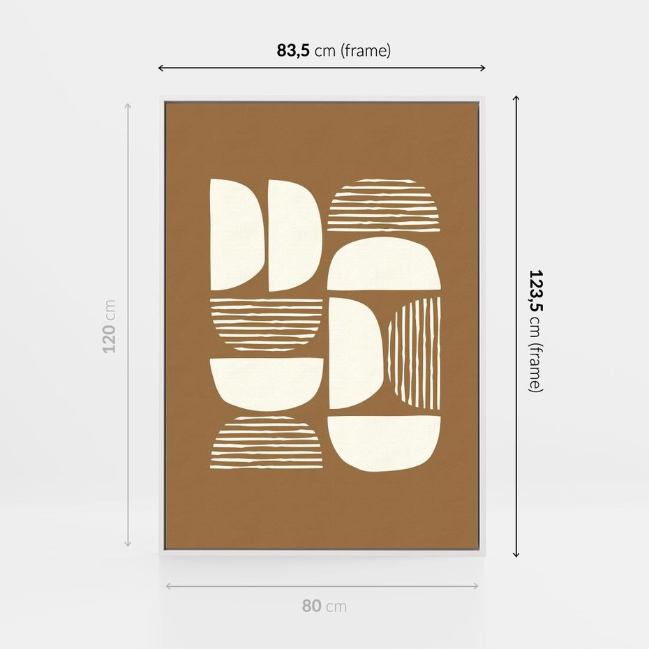 Obraz w ramie 80x120 - Wewnętrzne Spektrum - geometryczne boho kształty na brązowym, karmelowym tle - rama biała