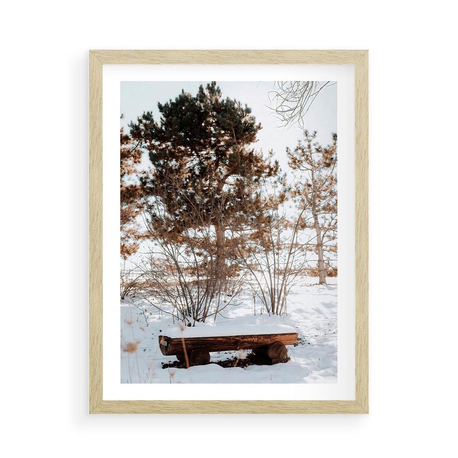 Plakat w ramie 50x70 - Ławka Pod Śniegiem - zimowy pejzaż, ławka pod śniegiem - rama drewno