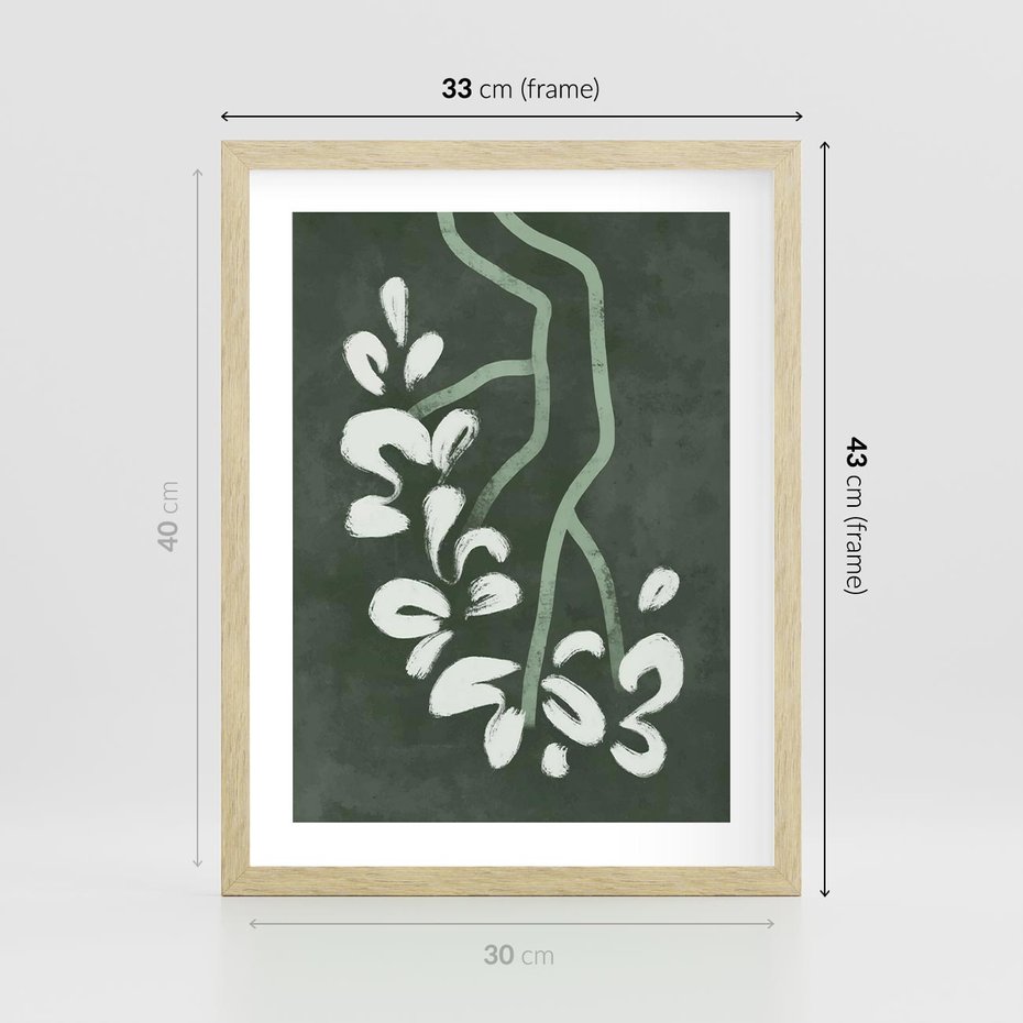 Plakat w ramie 30x40 - Rozkwitające Zielone Gałęzie - abstrakcyjne delikatne zielone linie, podobne do gałęzi kwiatów - rama drewno