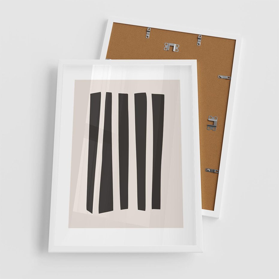Plakat w ramie 50x70 - Migotliwa Transformacja Form - minimalizm, czarne pasy - rama biała