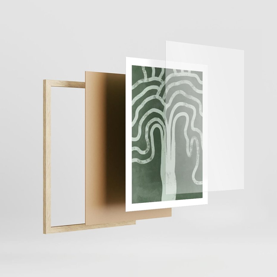 Plakat w ramie 50x70 - Inspirujące Zawiłości Zieleni - abstrakcyjny kształt, zielony plakat - rama drewno