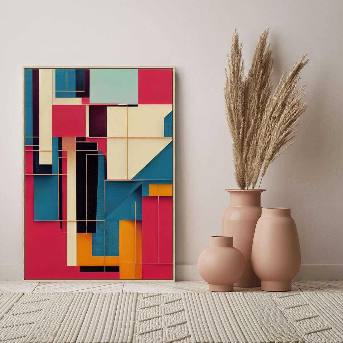 Obraz w ramie 70x100 - Przejście przez labirynt myśli - kolorowa abstrakcja, instalacja z prostokątów i lini - rama drewno