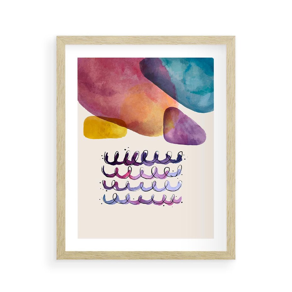 Plakat w ramie 40x50 - Impresje Akwarelowej Przestrzeni - kolorowe pastelowe plamy, rozmyte żywe kolory - rama drewno