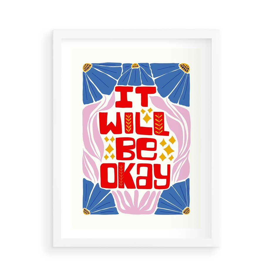 Plakat w ramie 50x70 - Kwiatowa Ekstaza - czerwona pozytywna typografia, kwiatowa kompozycja - rama biała