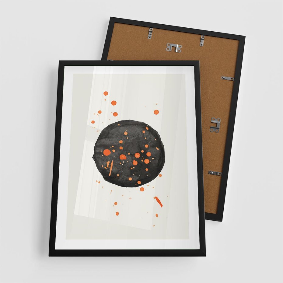 Plakat w ramie 50x70 - Impulsy Kreatywności - abstrakcyjna czarna plama, rozsiane pomarańczowe kropki - rama czarna