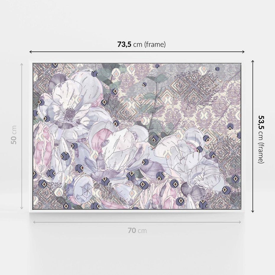 Obraz w ramie 70x50 - Malowane oddechy istnienia - pomieszane tekstury, kwiatowe elementy - rama biała