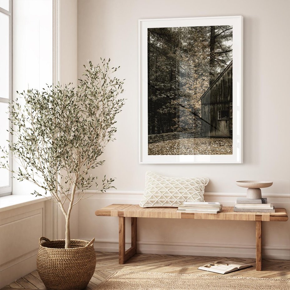 Plakat w ramie 30x40 - Dom w Lesie - chatka w lesie, górski domek - rama biała