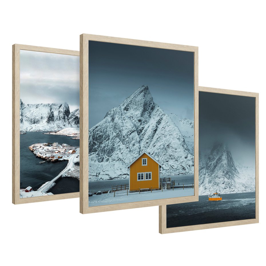 Zestaw obrazy w ramie 50x70 galeria - Norwegia, skandynawski, domek, góry - rama drewno