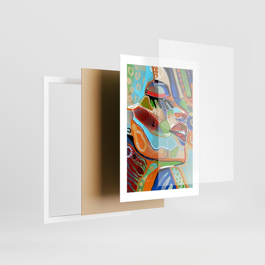 Plakat w ramie 30x40 - Kolorowe Wnętrza Kształtów - abstrakcyjny portret kobiety, twarz - rama biała