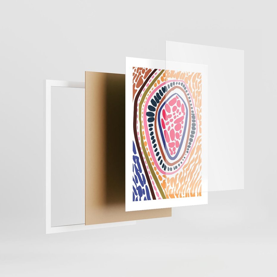 Plakat w ramie 30x40 - Rozchlapane Wizje - kolorowe wzory, tęczowe żywe kolory - rama biała