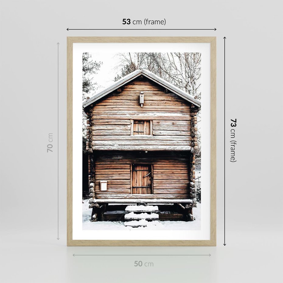Plakat w ramie 50x70 - Śnieżny Ustronny Raj - domek w górach, śnieg - rama drewno