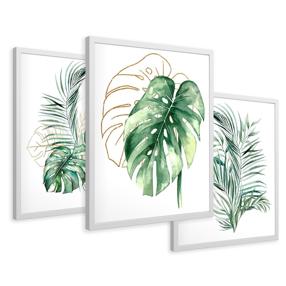 Zestaw obrazy w ramie 30x40 galeria - Liście, monstera, palma, złote, akwarela - rama biała