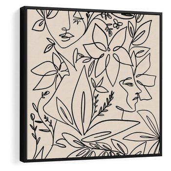 Obraz w ramie 50x50 - Kobiecy Portret Duszy - beżowe tło, czarny szkic nowoczesnych kwiatów - rama czarna