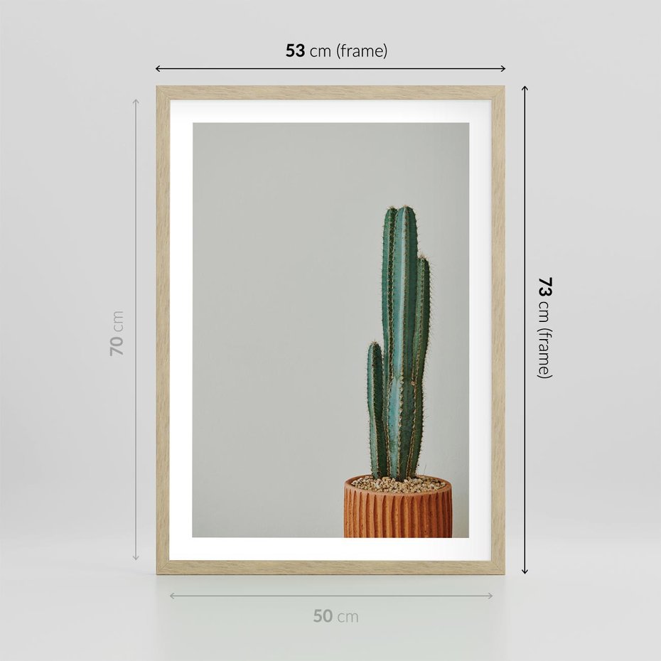 Plakat w ramie 50x70 - Zieleń i Subtelność - kaktusy, liście - rama drewno