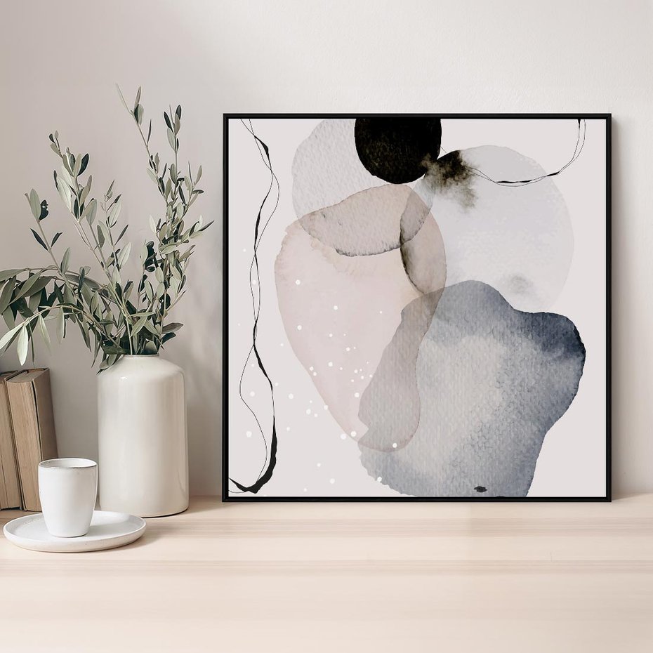 Obraz w ramie 50x50 - Migocące Barwy - abstrakcyjne plamy akwarelowe, czarny szkic - rama czarna