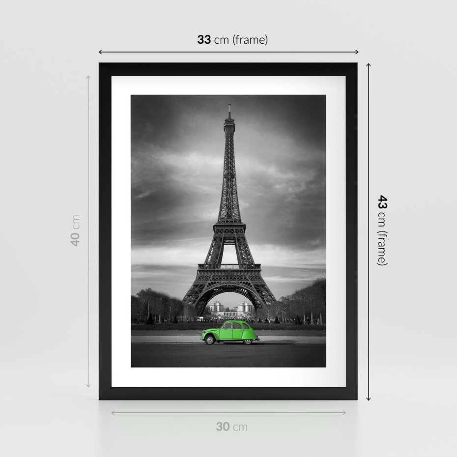 Plakat w ramie 30x40 - Paryskie Romantyczne Spotkanie - Eiffla, samochód - rama czarna