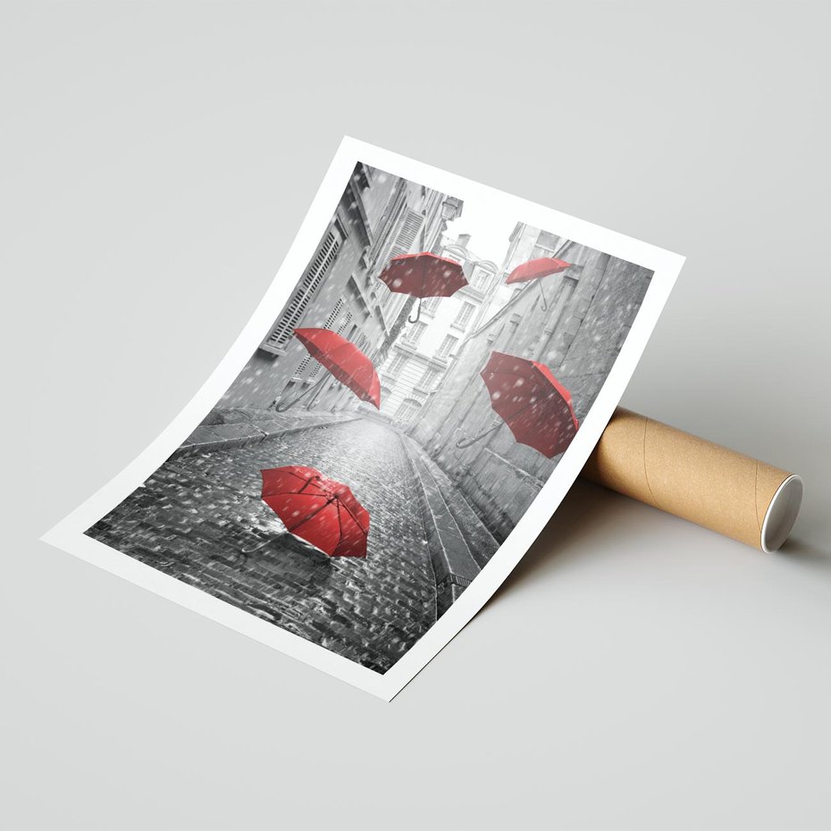 Plakat bez ramy 21x30 - Parasole w malowniczej uliczce - parasole, uliczka