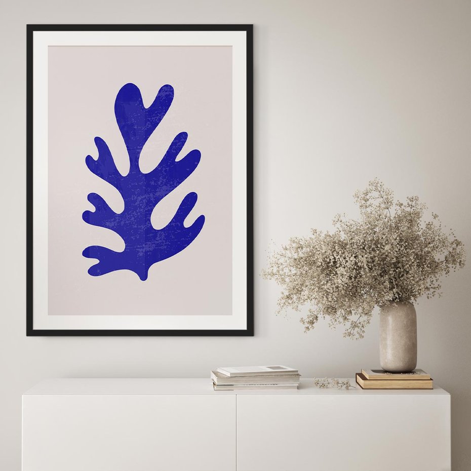 Plakat bez ramy 21x30 - Przenikająca Struktura - boho plakat, niebieski liść w intensywnym kolorze