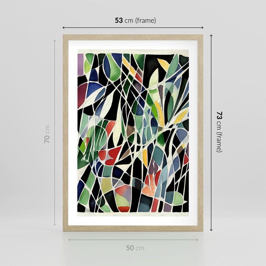 Plakat w ramie 50x70 - Taniec Plam i Kształtów - abstrakcyjny akwarelowy obraz, plamy - rama drewno