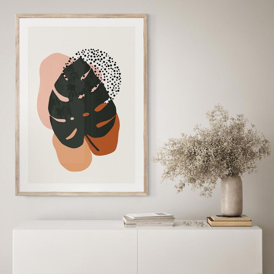Plakat w ramie 50x70 - Minimalizm w Liściach Monstery: Plamy i Kropki - minimalizm, monstera plamy - rama drewno