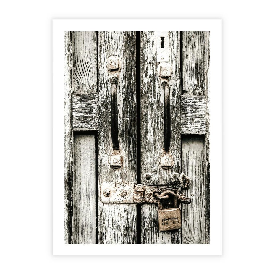 Plakat bez ramy 40x50 - Retro Drzwi: Zamknięta Tajemnica - stare drzwi, kłódka