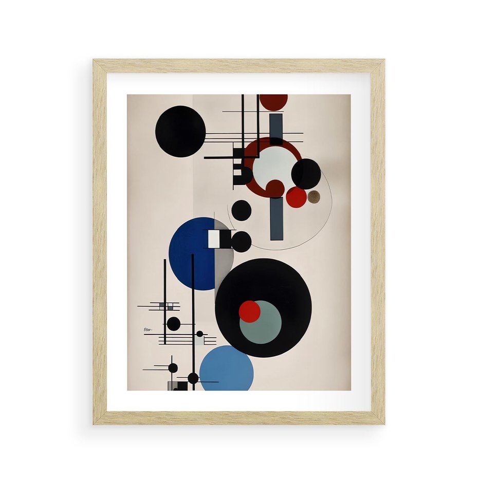 Plakat w ramie 40x50 - Rozkwitające Wibracje Wyobraźni - abstrakcyjna geometryczna kompozycja, koła linie - rama drewno