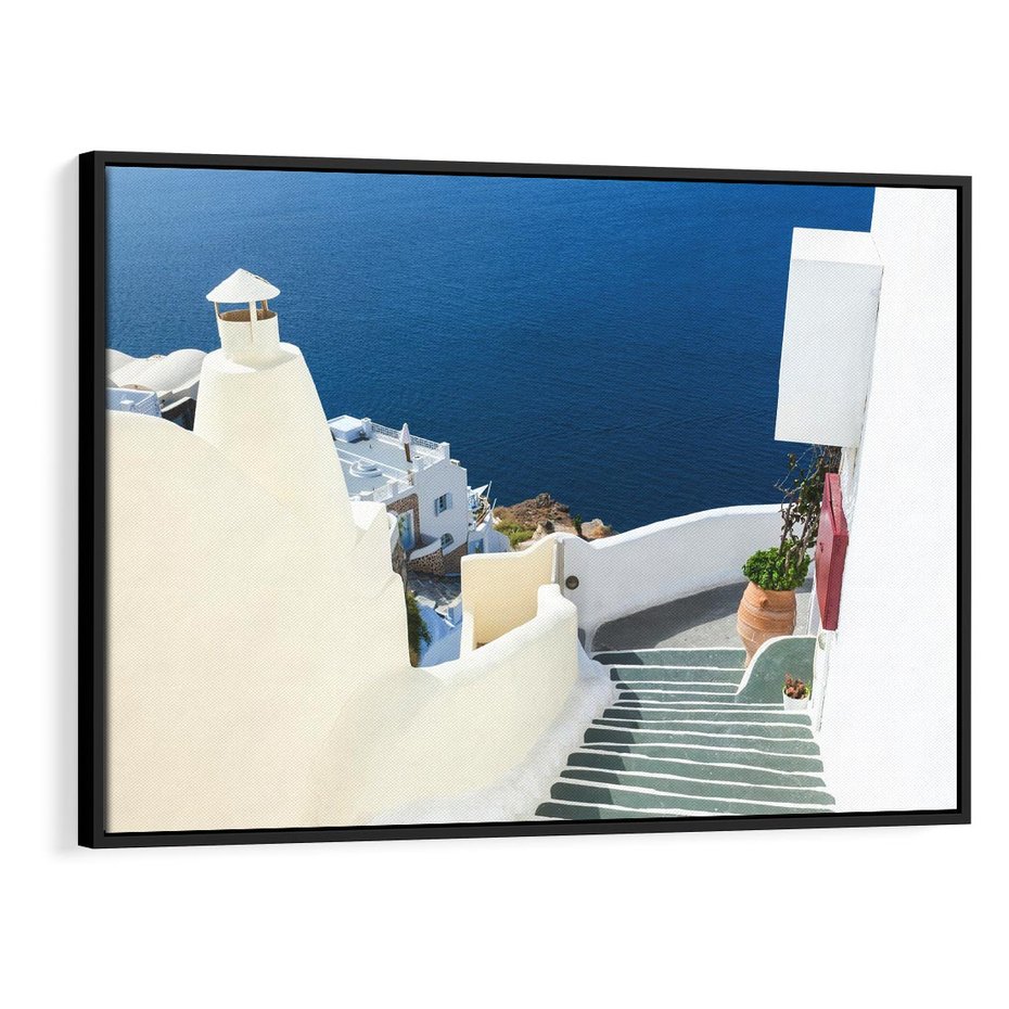 Obraz w ramie 70x50 - Malowniczy urok wyspy - Santorini, schodki - rama czarna