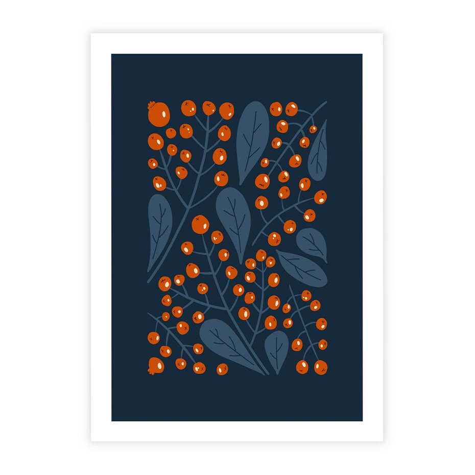 Plakat bez ramy 21x30 - Symfonia liści i owoców - granatowe tło, pomarańczowe owoce jarzębiny
