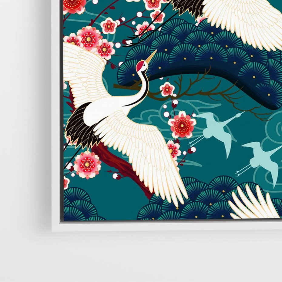 Obraz w ramie 50x50 - Żurawie Wachlarze - orientalne japońskie żurawie, grafika - rama biała