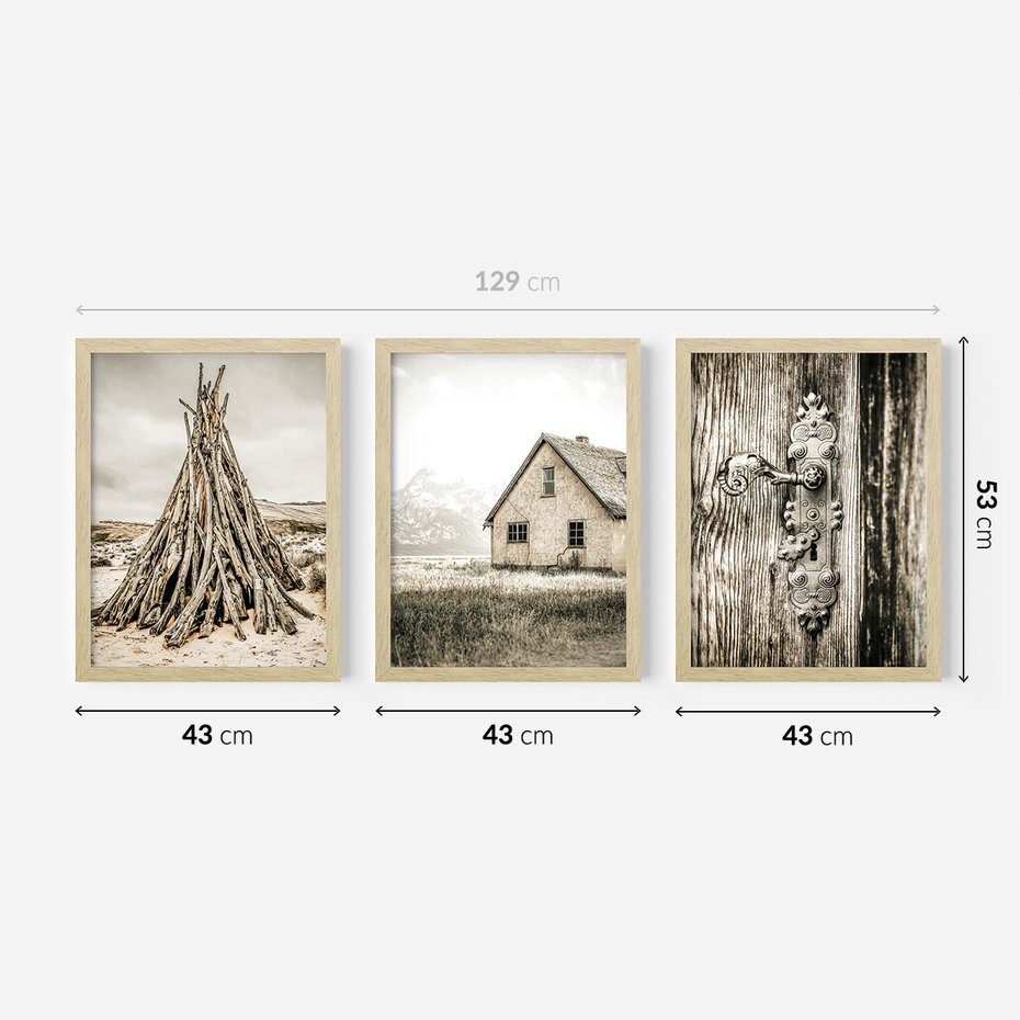 Zestaw obrazy w ramie 40x50 galeria - Chata, stara, retro, klamka - rama drewno