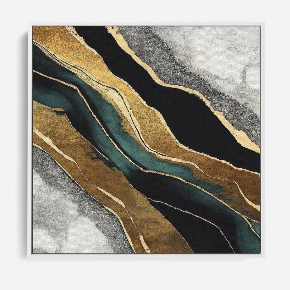 Obraz w ramie 50x50 - Refrakcje płynącej rzeczywistości - jak marmurowa rzeka, linie złota - rama biała