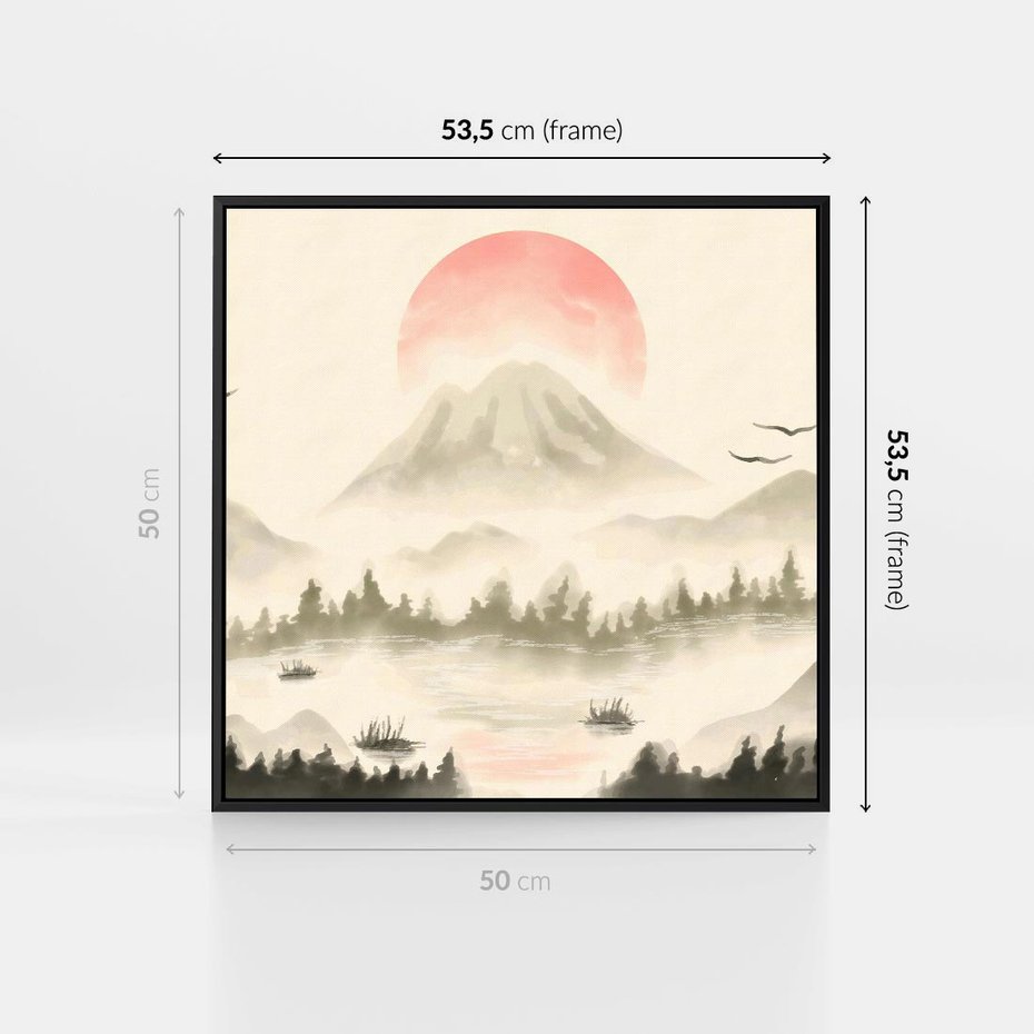 Obraz w ramie 50x50 - Przyroda Japonii - japońska akwarela, góry - rama czarna