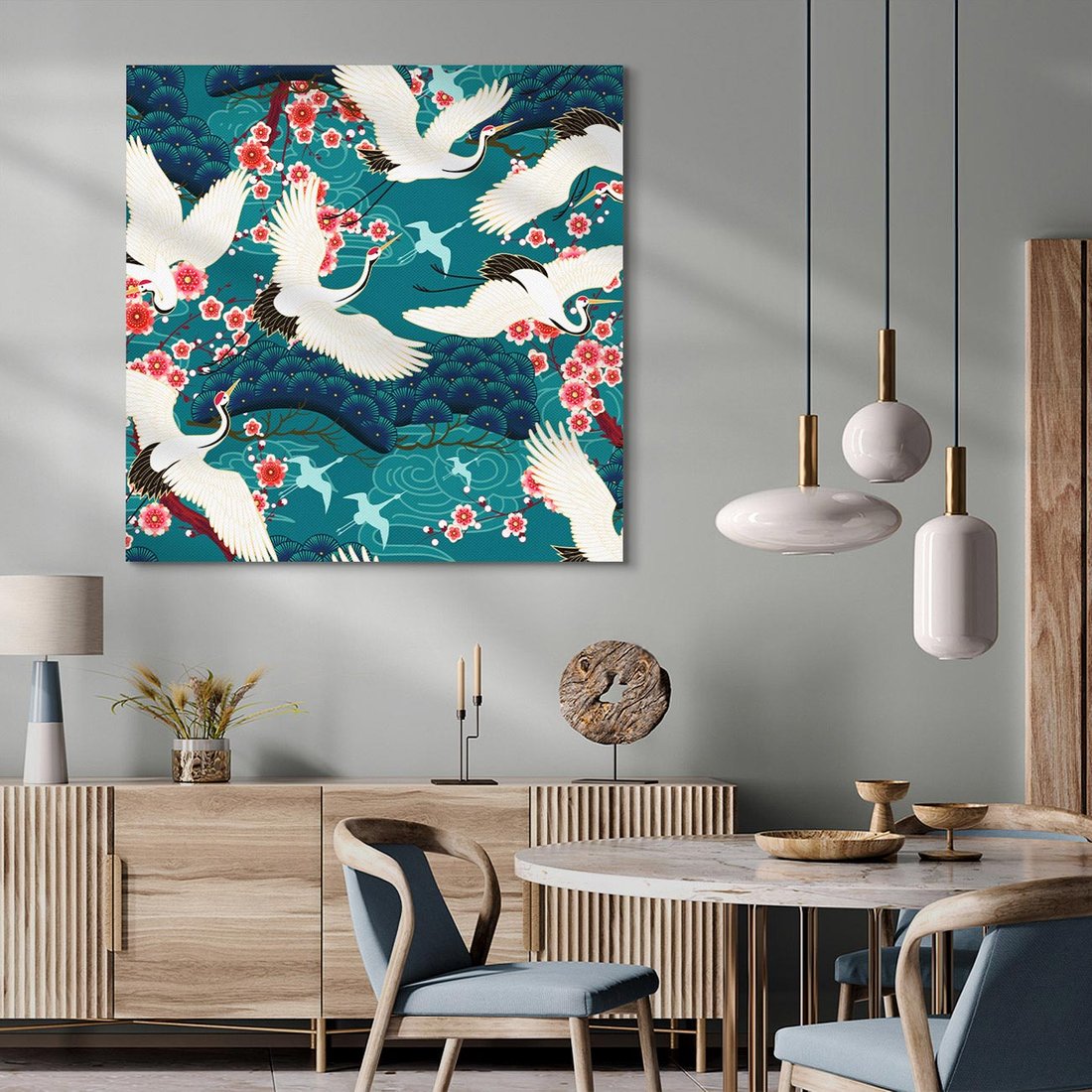 Obraz na płótnie 70x70 - Żurawie Wachlarze - orientalne japońskie żurawie, grafika
