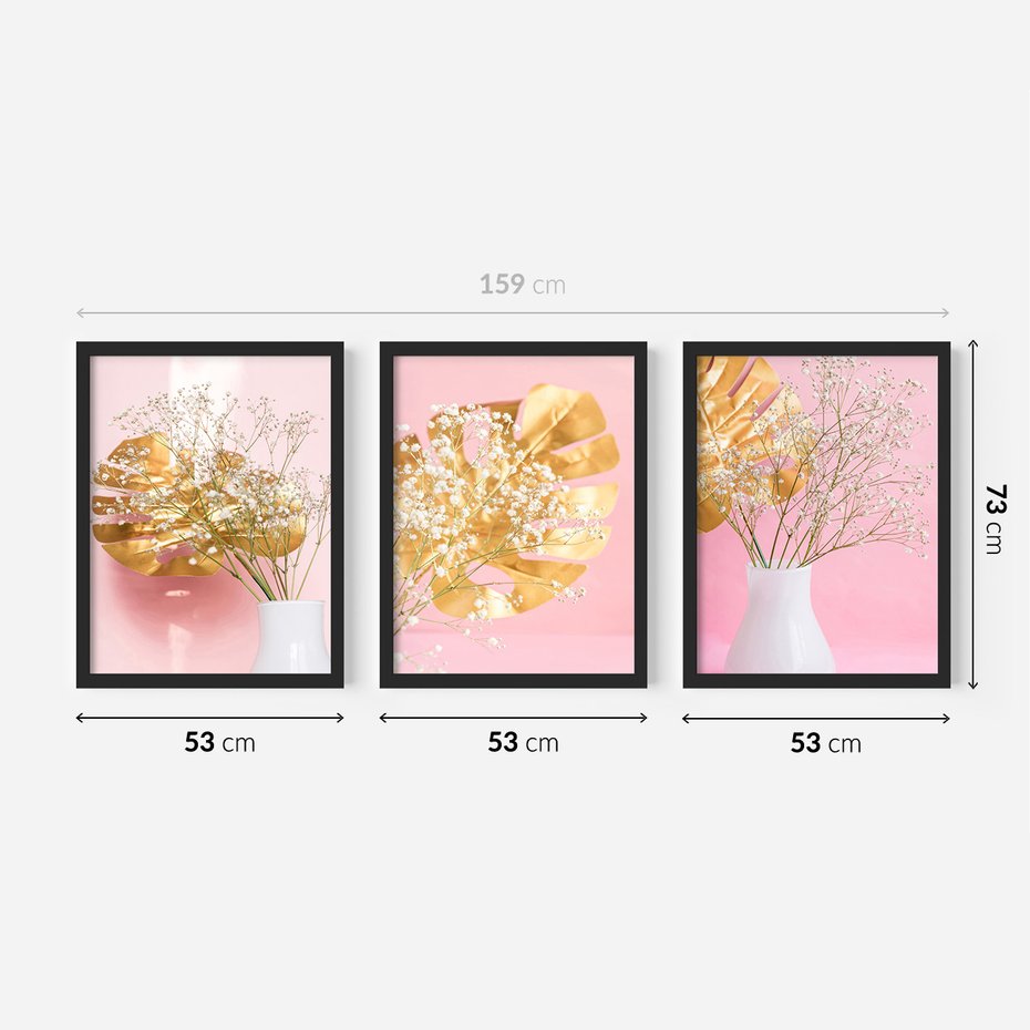 Zestaw obrazy w ramie 50x70 galeria - Złote, liście, monstera, kwiaty - rama czarna