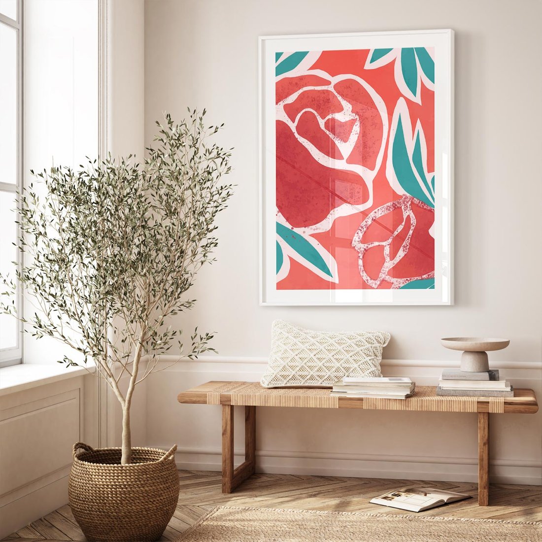 Plakat w ramie 50x70 - Rozkwitające Kształty - nowoczesny plakat, abstrakcyjne róże - rama biała