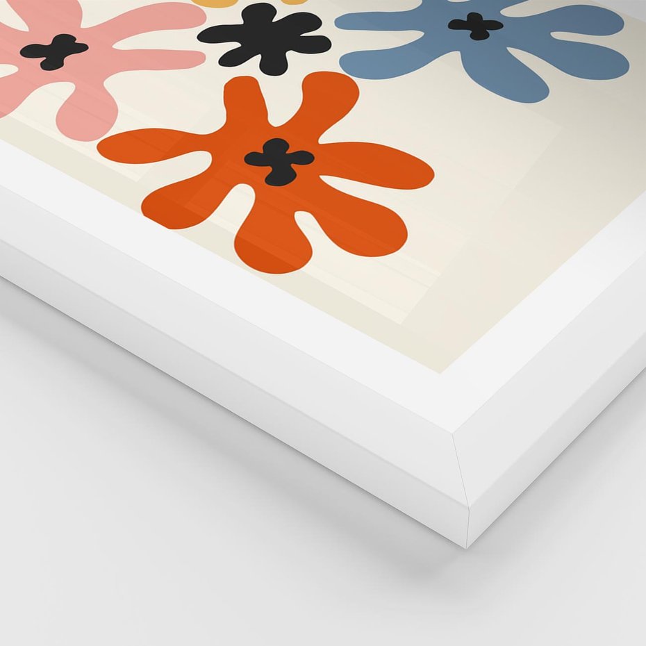 Plakat w ramie 40x50 - Taniec Akwareli - abstrakcyjne wielokolorowe kwiaty, minimalizm - rama biała