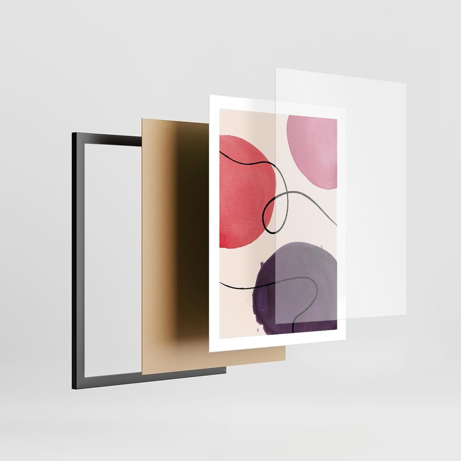 Plakat w ramie 50x70 - Migoczące Echo - abstrakcyjne akwarelowe plamy, nieregularne linie - rama czarna