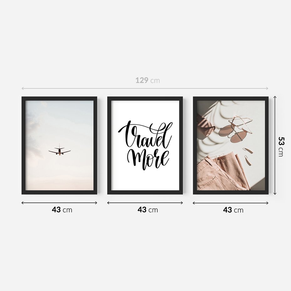 Zestaw obrazy w ramie 40x50 galeria - Wakacje, podróż, samolot, typografia - rama czarna