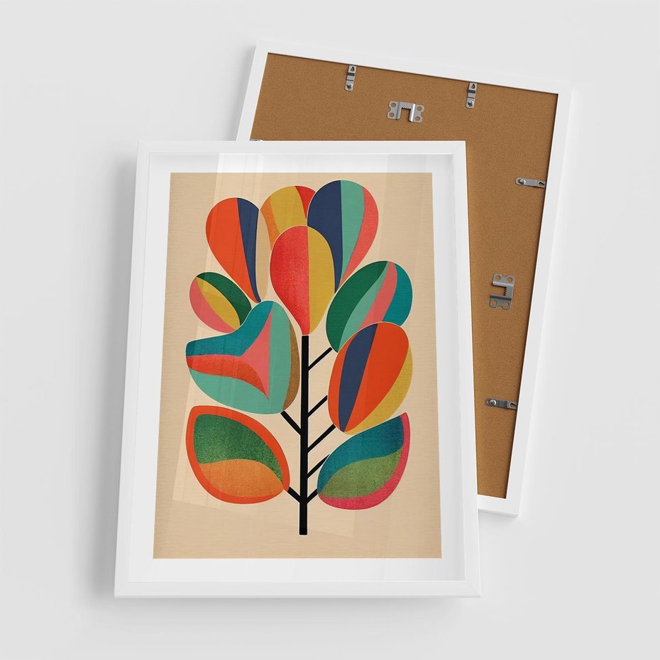 Plakat w ramie 50x70 - Wnętrza Kształtów - abstrakcyjny kolorowy tęczowy obraz, inspiracje roślinne - rama biała