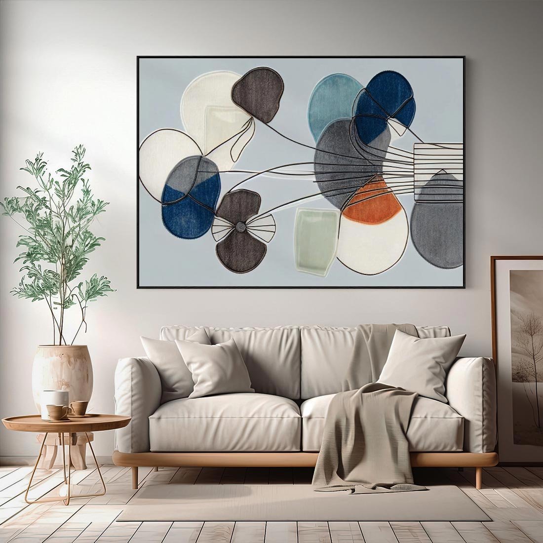 Obraz w ramie 100x70 - Plamy w Niebieskim - sztuka abstrakcyjna, linie - rama czarna