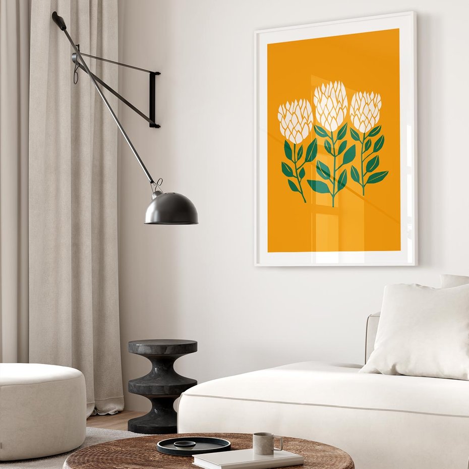 Plakat bez ramy 50x70 - Kolorowe Impresje - abstrakcyjna kwiatowa kompozycja, żółte mocne tło