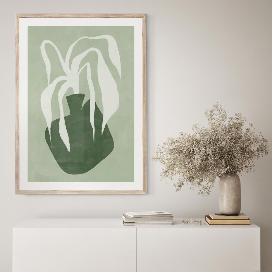 Plakat w ramie 50x70 - Zieleń Pulsującego Spokoju - zielona abstrakcja, zgaszona zieleń - rama drewno