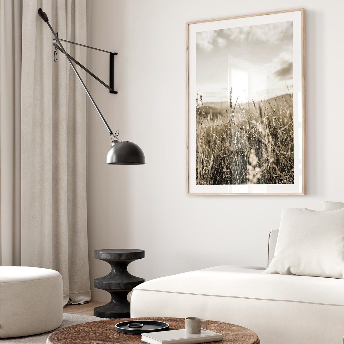 Plakat w ramie 40x50 - Łąka w Klimacie Sepii - suche trawy, łąka - rama drewno