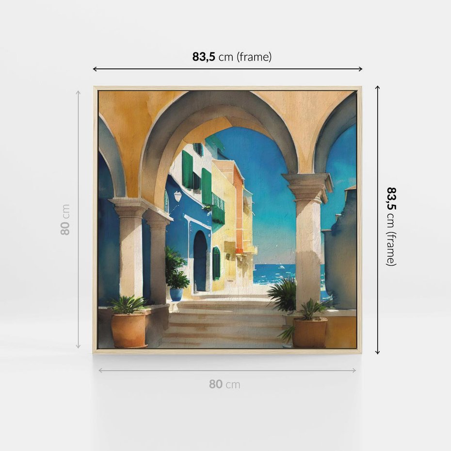 Obraz w ramie 80x80 - Nadmorskie Łuki - akwarela, śródziemnomorski klimat - rama drewno