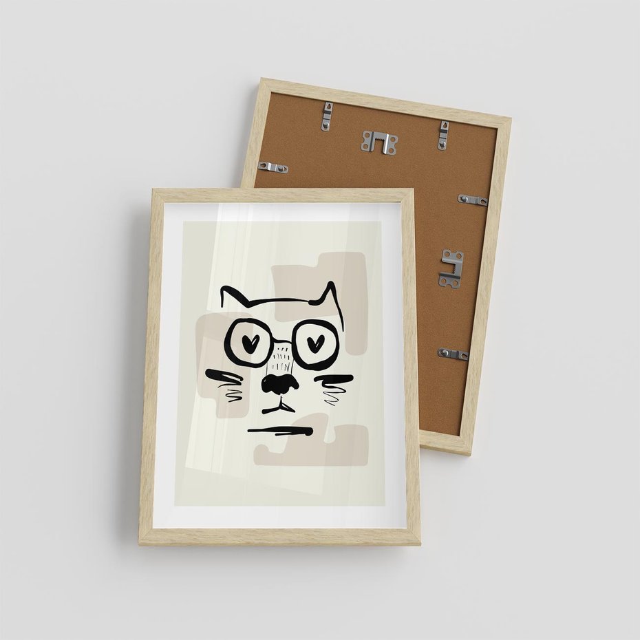 Plakat w ramie 30x40 - Minimalistyczny Kot: Czarna Kreska - kot, grafika - rama drewno