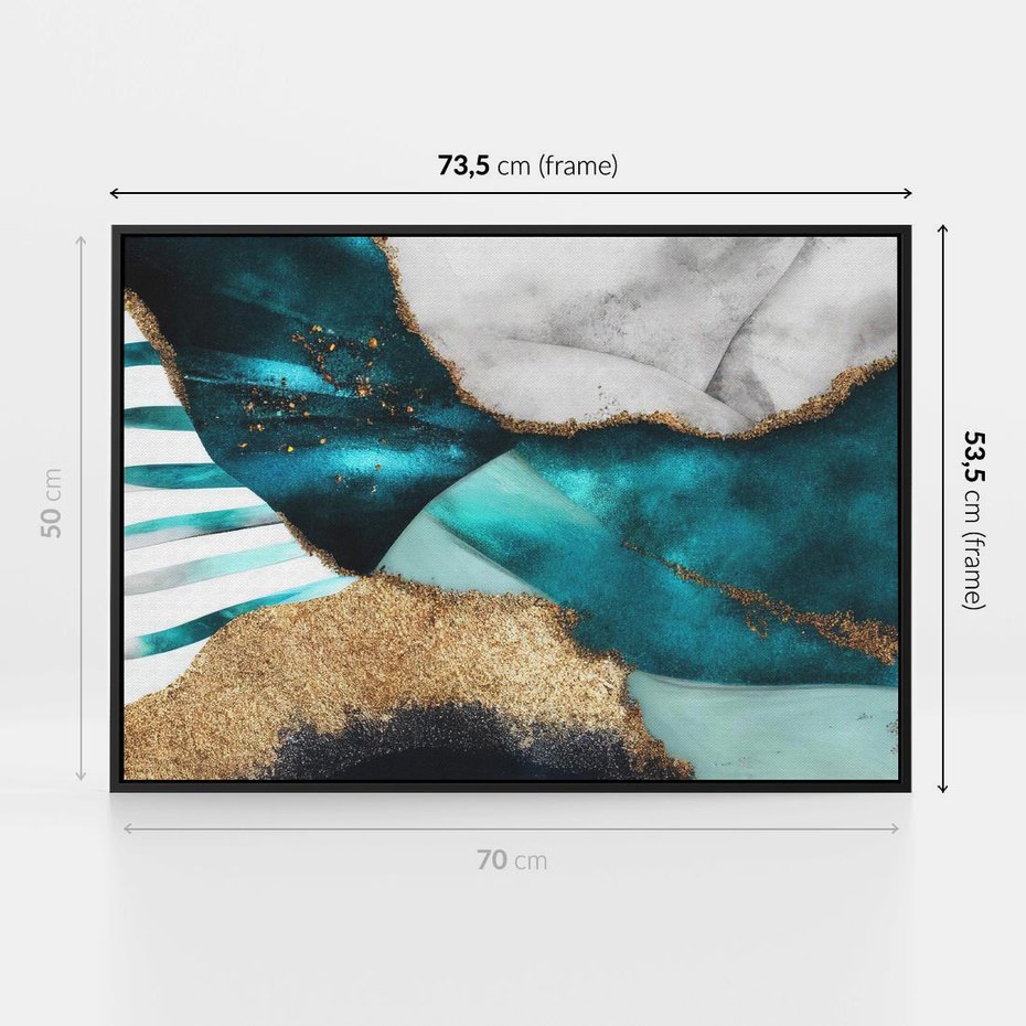Obraz w ramie 70x50 - Rozlane Turkusy - Turkusowe plamy, złote elementy - rama czarna